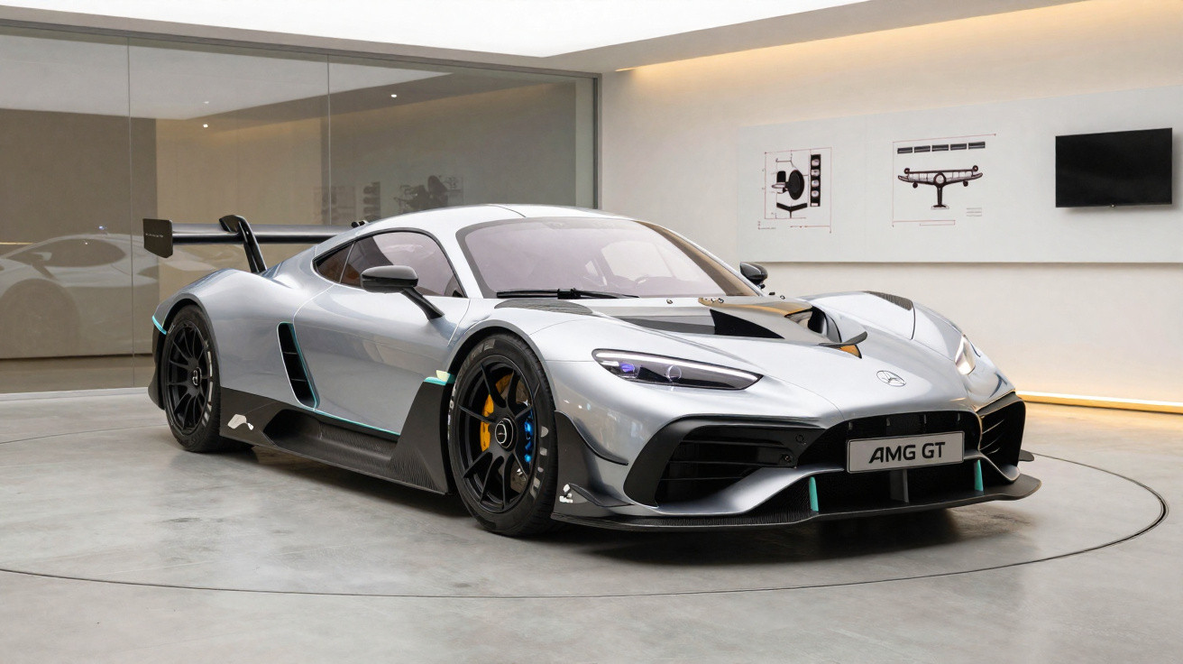 Voiture de sport Mercedes AMG GT grise exposée dans un showroom moderne avec un aileron arrière.