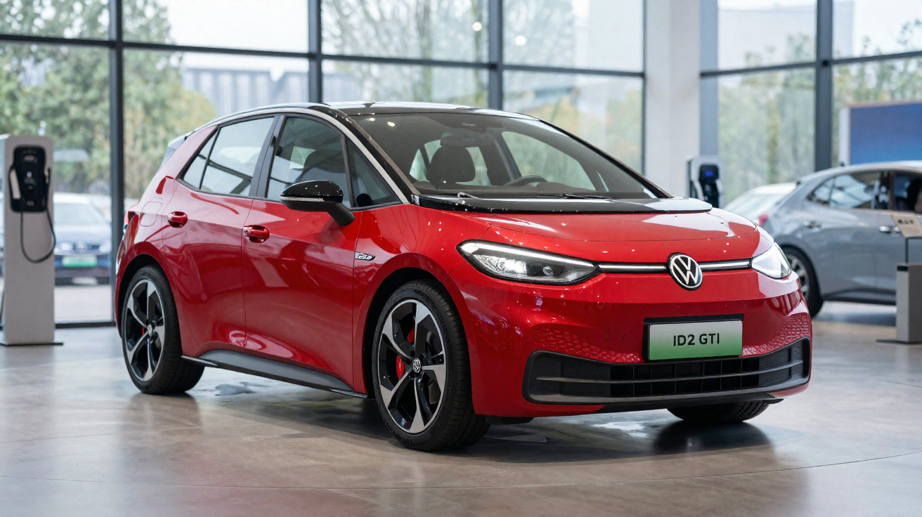 Voiture électrique Volkswagen ID.2 GTI rouge exposée en showroom lumineux avec grandes baies vitrées.