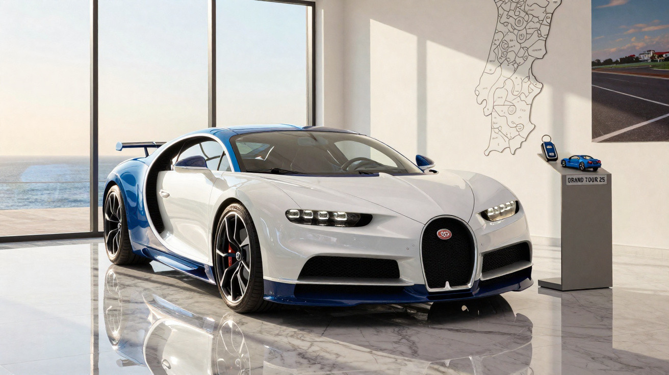 Voiture de sport Bugatti Chiron bleu et blanc exposée dans un showroom moderne avec vue sur mer.
