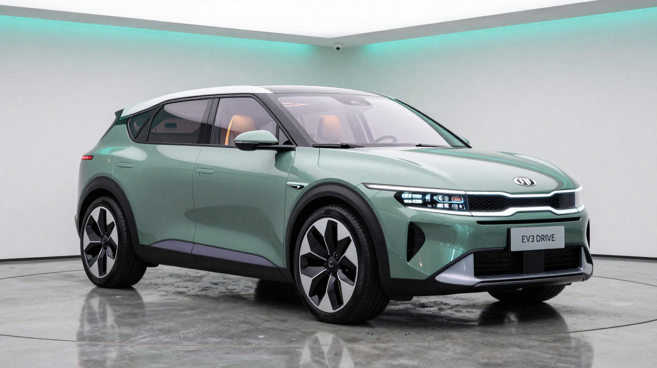 Voiture électrique Kia EV3 Drive verte métallisée, design moderne, intérieur beige, présentée en studio lumineux.