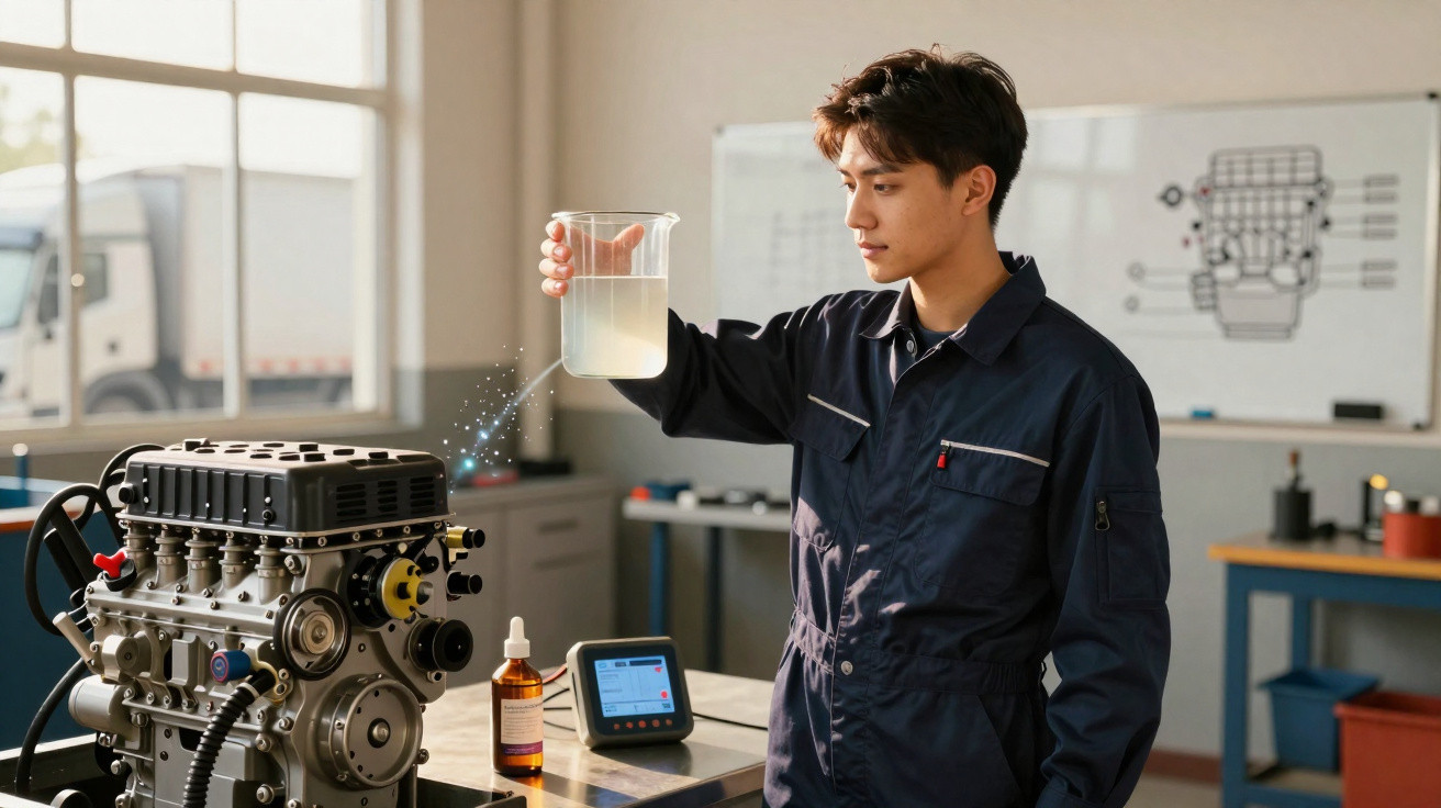 Homme en combinaison de travail versant un liquide dans un moteur dans un atelier avec schéma technique au mur.