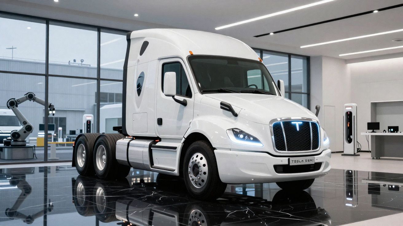 Camion semi-remorque électrique Tesla Semi blanc dans un showroom moderne avec sol brillant noir.