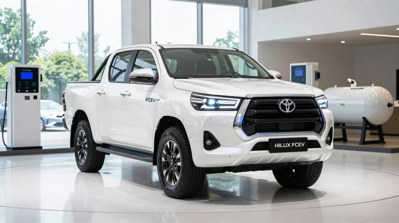 Pick-up blanc Toyota Hilux FCEV exposé dans un showroom moderne avec vitres lumineuses.