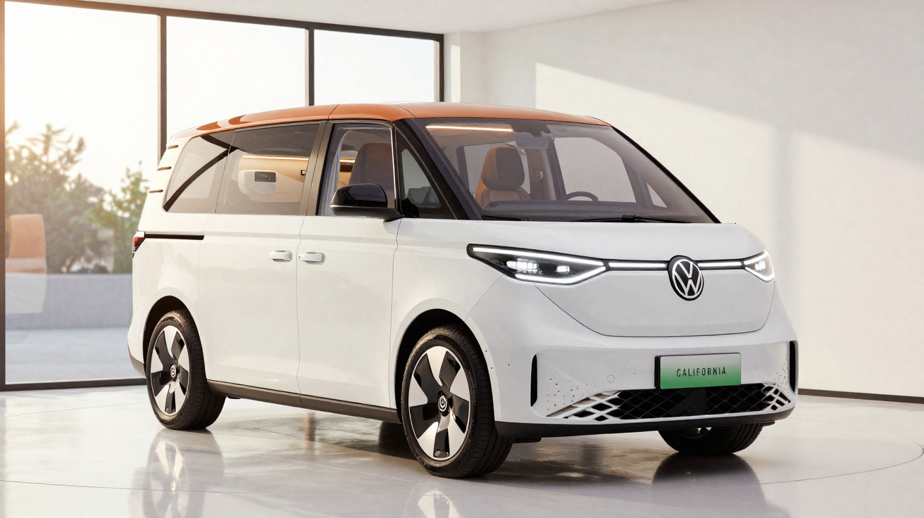Minivan électrique Volkswagen California moderne blanc et orange garé dans un intérieur lumineux.