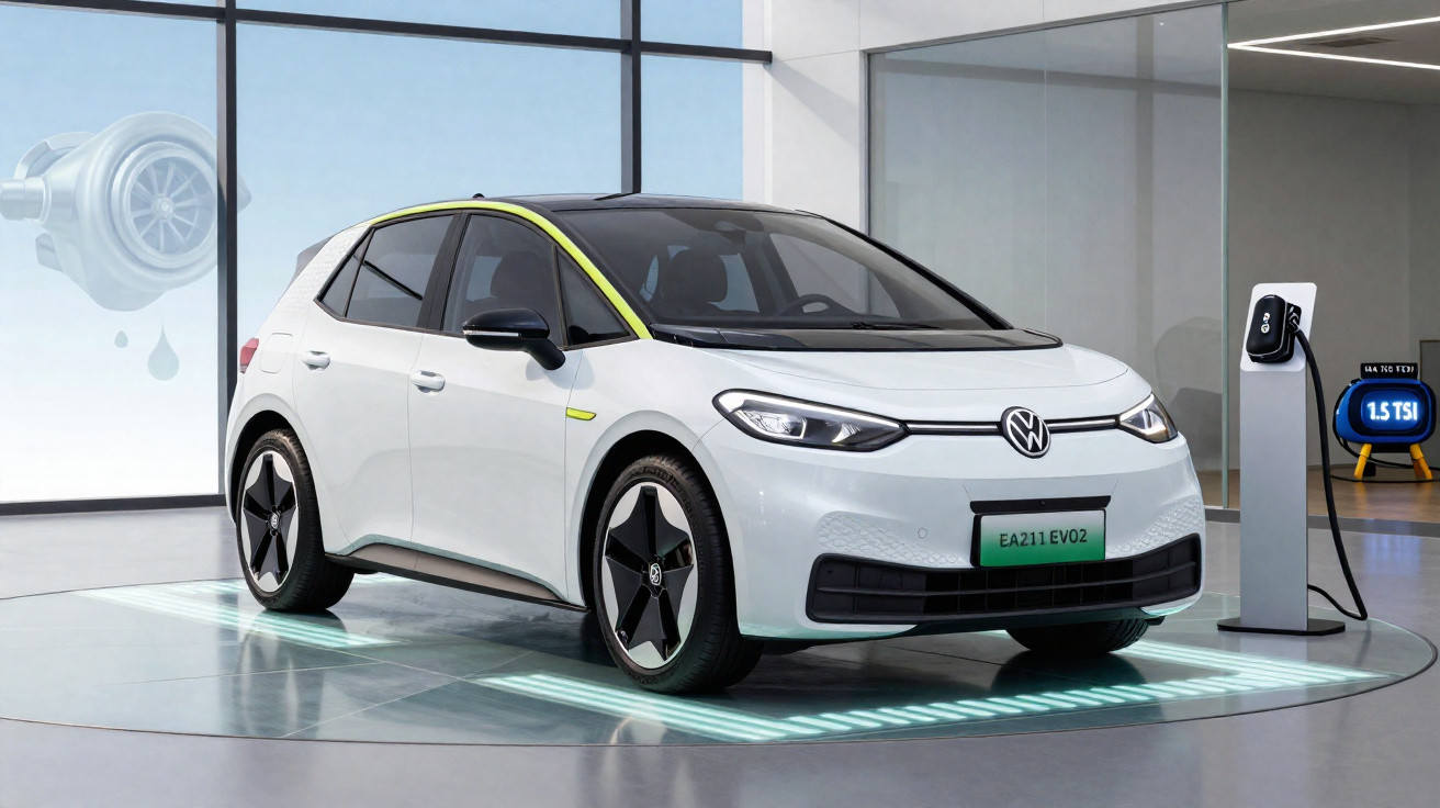 Voiture électrique Volkswagen compacte blanche en recharge, exposée dans un showroom moderne et lumineux.