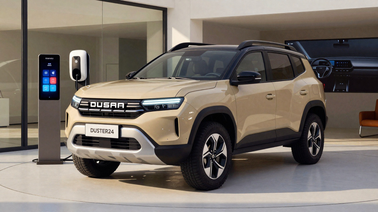 SUV électrique beige DUSAA Duster24 en charge dans un showroom moderne avec murs blancs et sol clair.