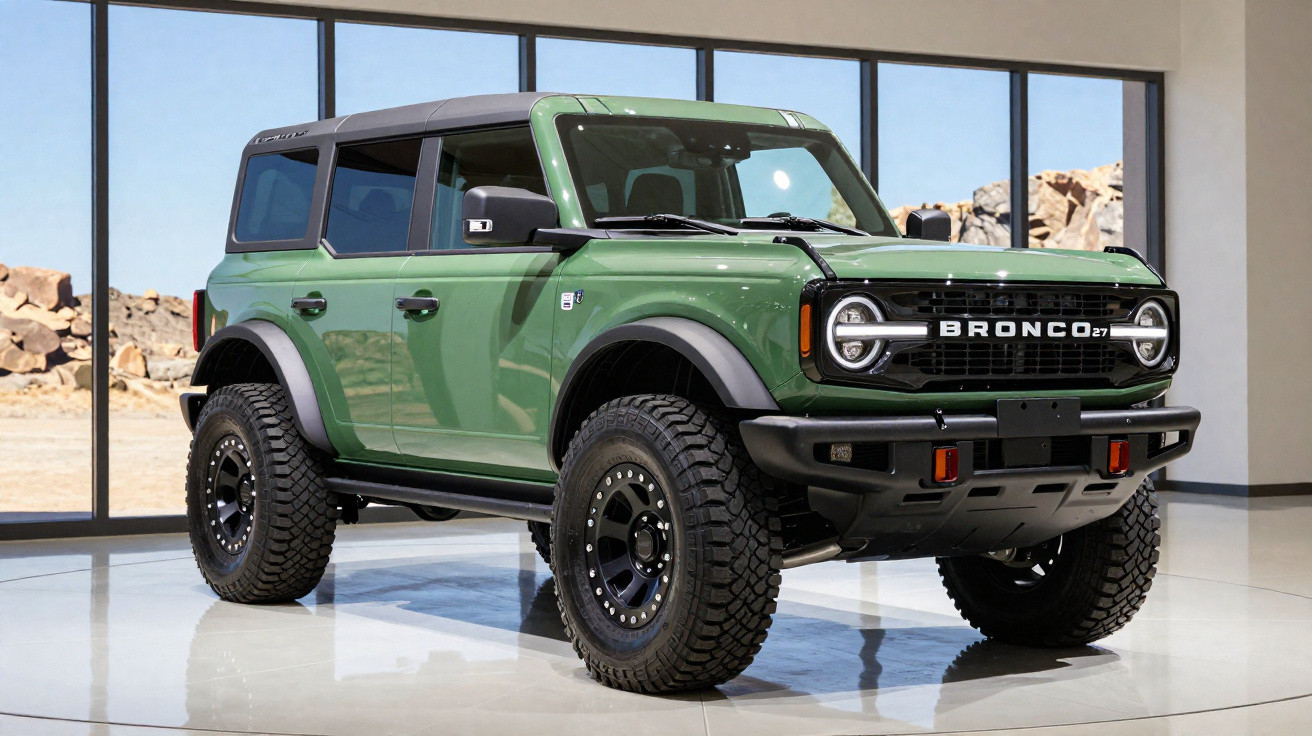 SUV Ford Bronco vert militaire à quatre portes exposé dans un showroom moderne avec grandes fenêtres.