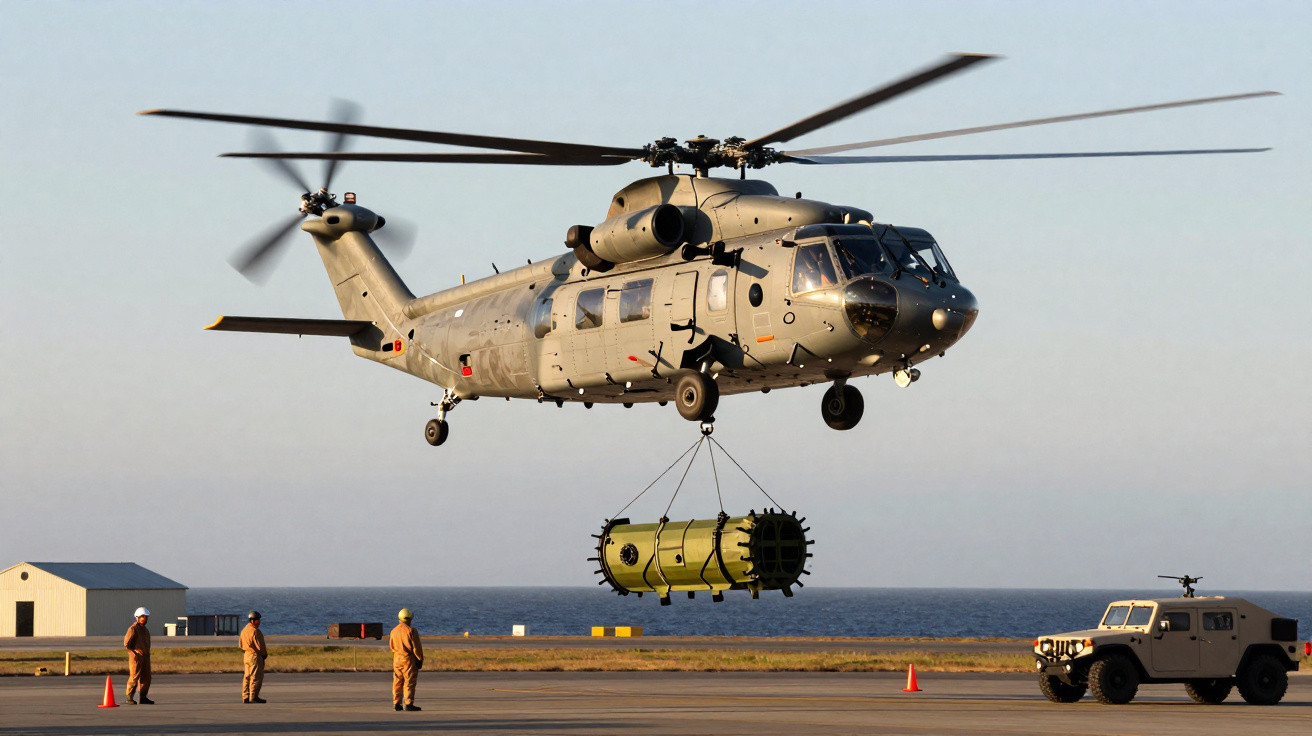 Hélicoptère militaire transportant une charge cylindrique verte au-dessus d’un aérodrome près de la mer.