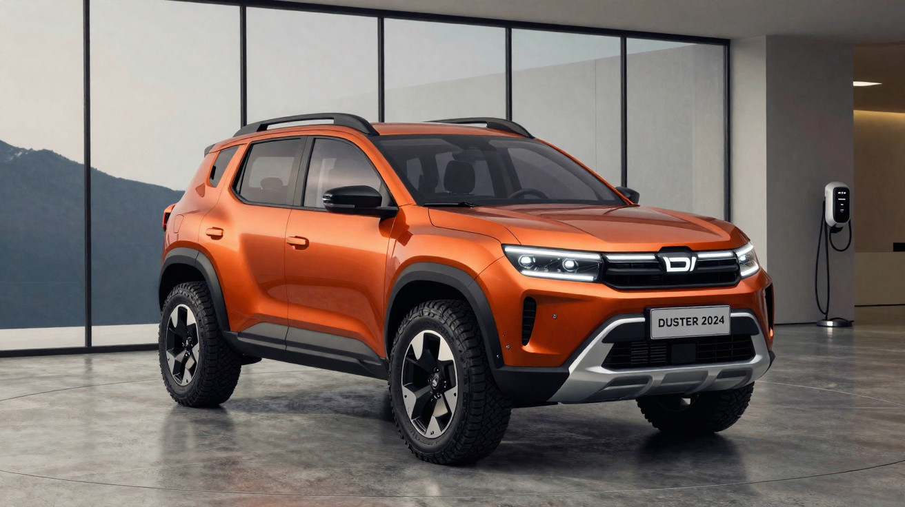 SUV Dacia Duster 2024 orange garé à l'intérieur avec borne de recharge électrique visible à droite.