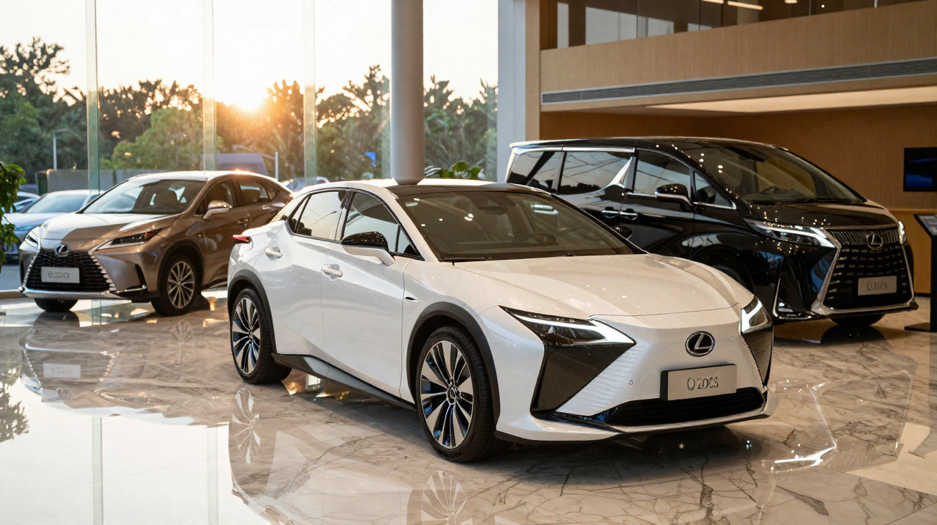 Véhicules Lexus exposés dans une concession lumineuse avec un sol en marbre et un coucher de soleil visible.