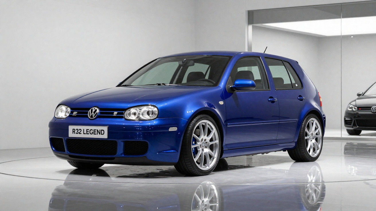 Voiture Volkswagen Golf R32 bleue métallique stationnée dans un showroom avec sol réfléchissant.