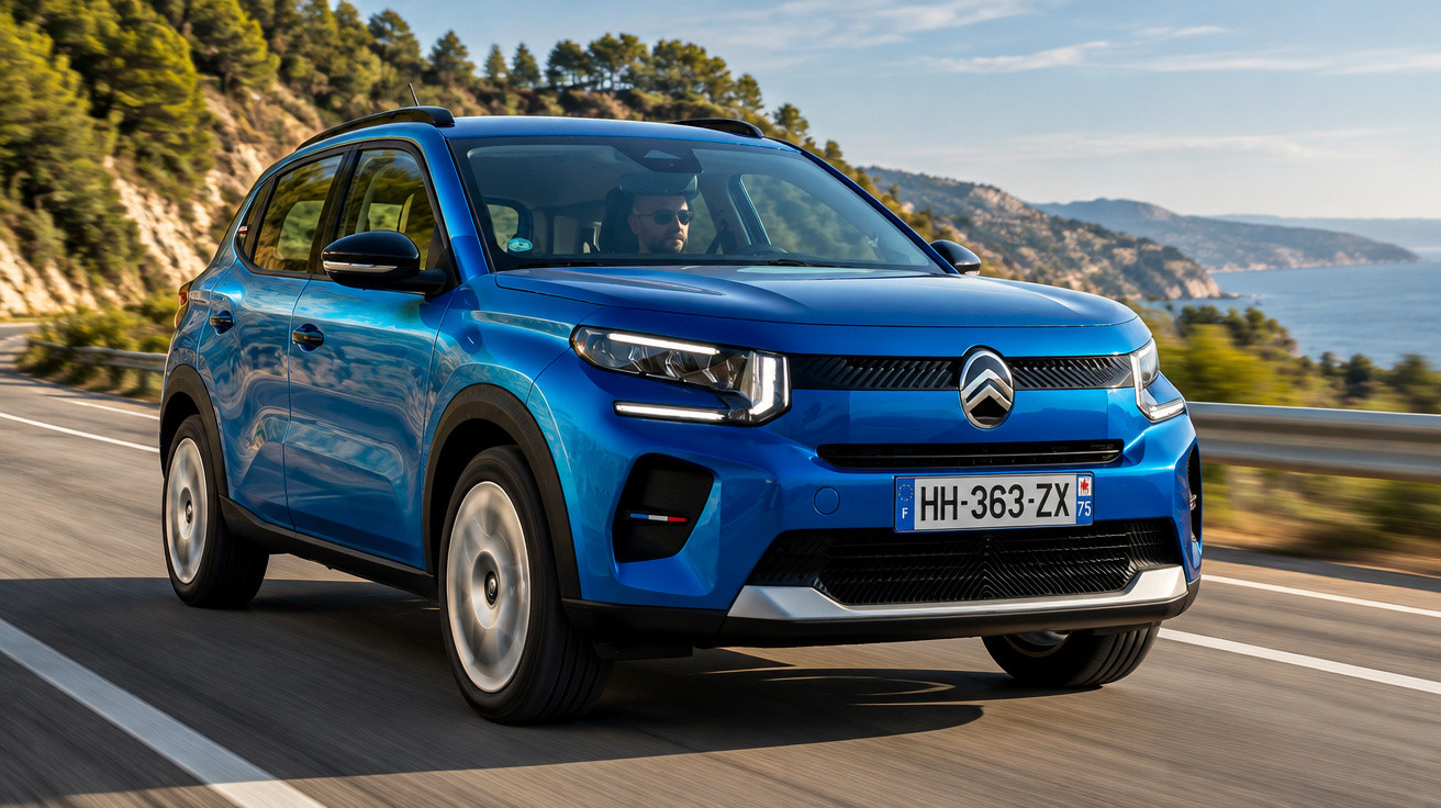 Citroën C3 bleu roulant sur une route côtière avec mer et montagnes en arrière-plan.