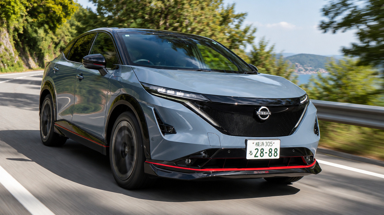 Véhicule électrique Nissan Ariya gris conducteur sur route sinueuse bordée d'arbres et d'eau.