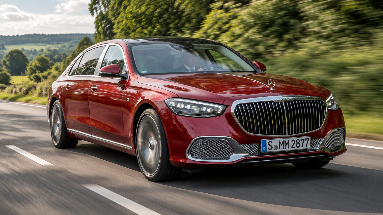 Voiture berline rouge Mercedes-Maybach roulant sur une route de campagne bordée d'arbres.