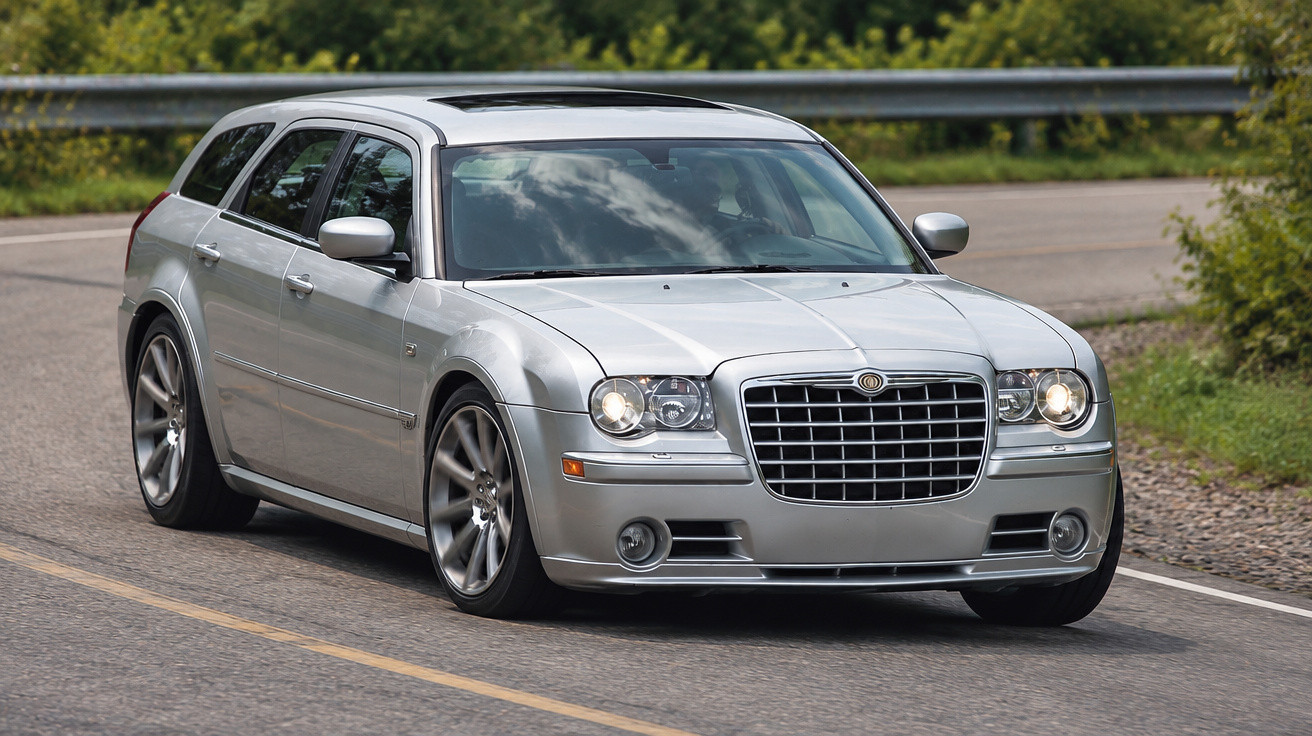 Voiture break Chrysler 300C grise circulant sur une route sinueuse entourée de verdure.