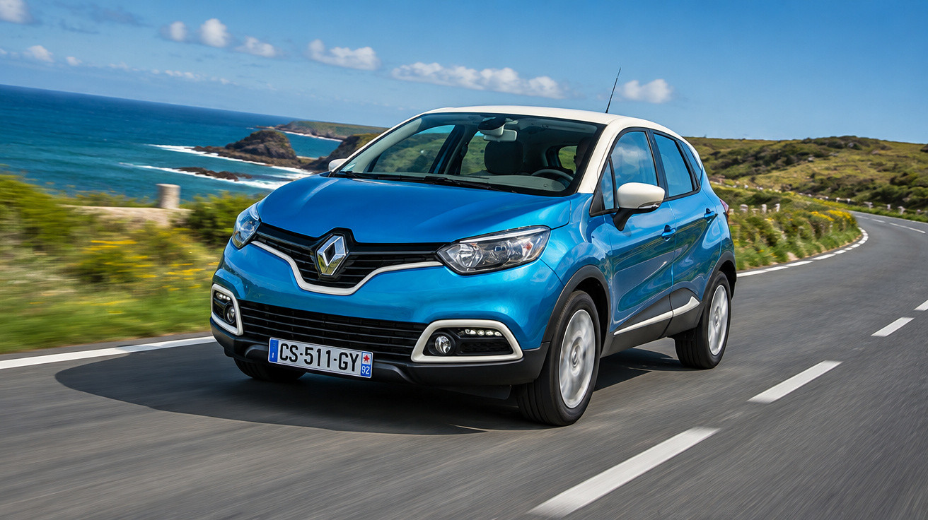 Voiture Renault Captur bleue circulant sur une route côtière ensoleillée avec vue sur l'océan.