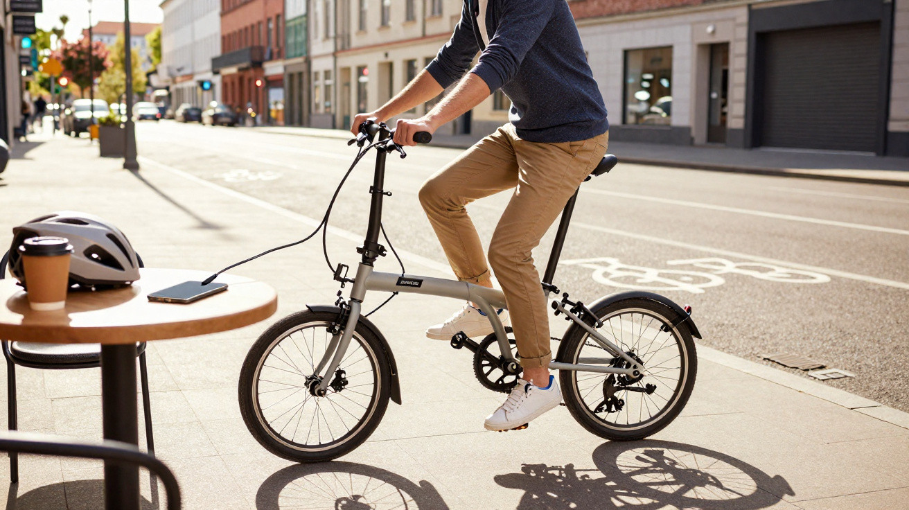 Personne en pantalon beige et sweat bleu montant un vélo pliant sur un trottoir urbain par temps ensoleillé.