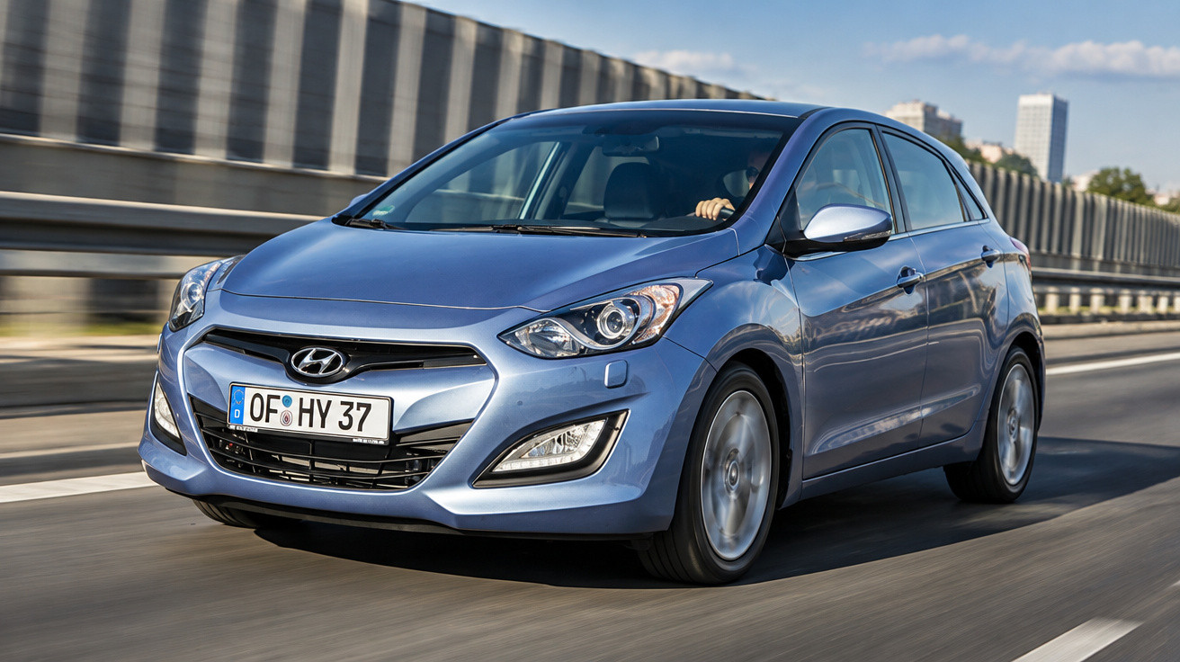 Voiture Hyundai bleue roulant sur une route urbaine avec des immeubles à l'arrière-plan.