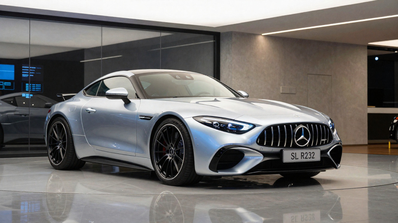 Voiture sportive Mercedes SL R232 argentée exposée dans un showroom moderne avec sol brillant.